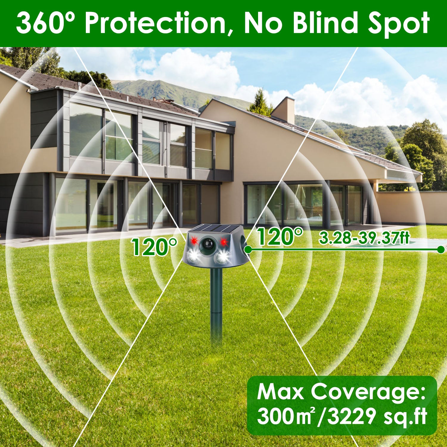 Ultrasonic Solar Animal Repeller — 3 Modes, IP66 Waterproof, Motion Sensor