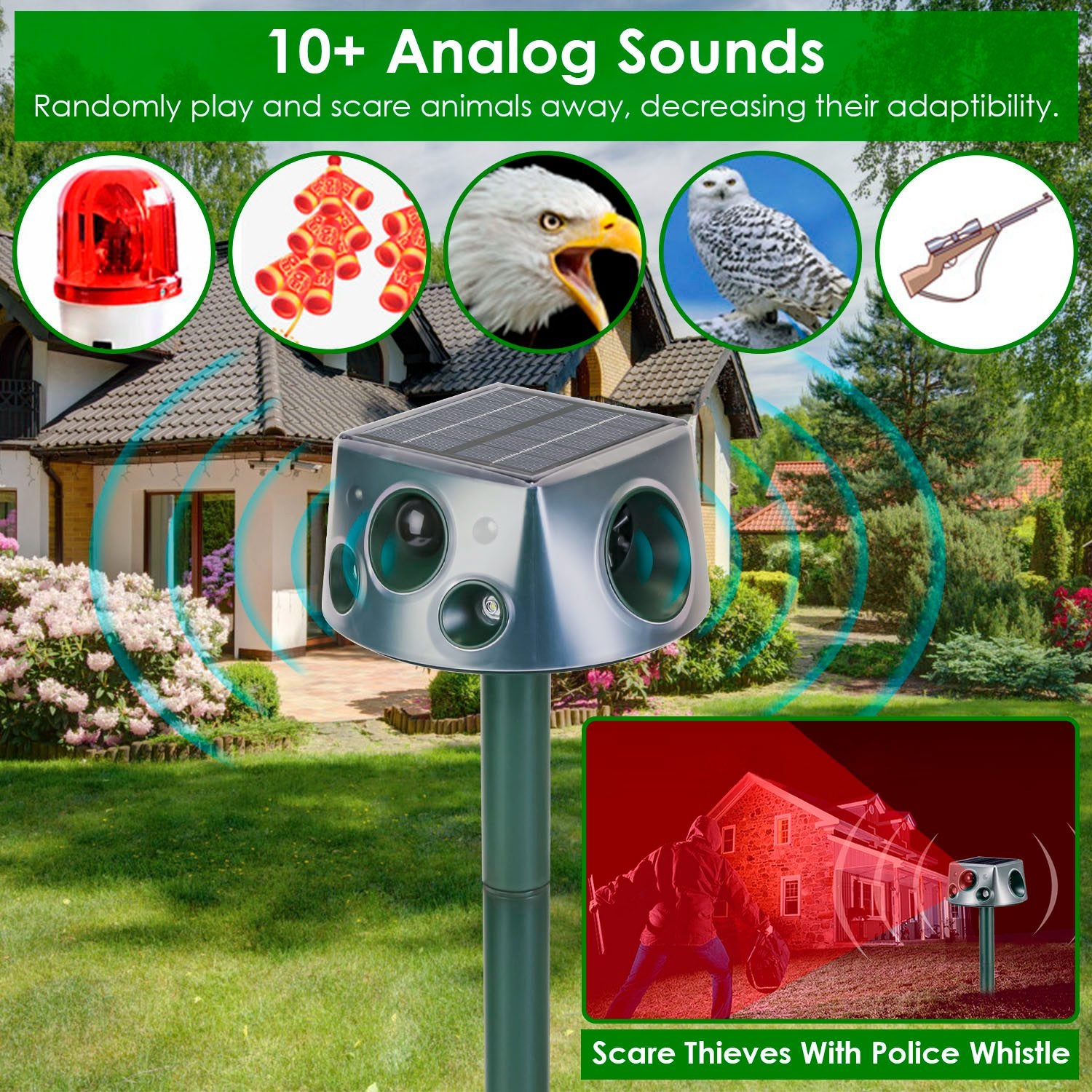 Ultrasonic Solar Animal Repeller — 3 Modes, IP66 Waterproof, Motion Sensor