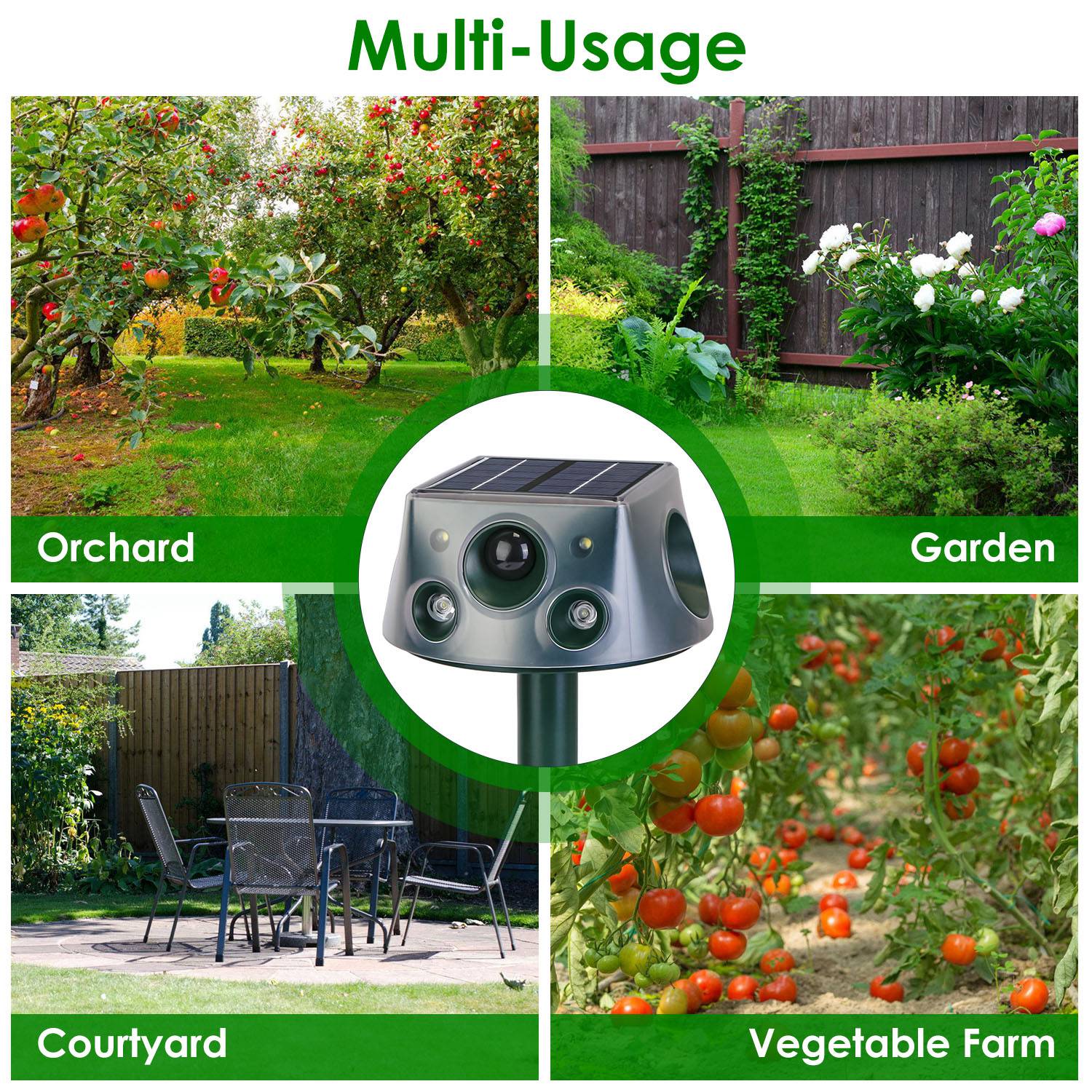 Ultrasonic Solar Animal Repeller — 3 Modes, IP66 Waterproof, Motion Sensor