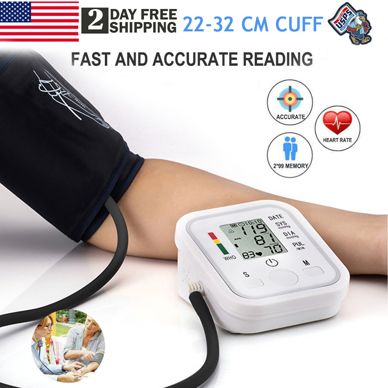 Automatic Upper Arm Blood Pressure Monitor Pulse Meter BP Machine Voice Talking